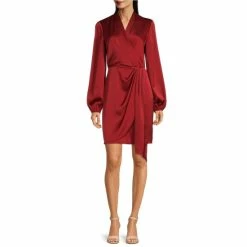 Top 10 ❤️ Alex Marie Petite Size Iris Satin Surplice V-Neck Long Balloon Sleeve Front Drape 👗 Dress Rust 👍
