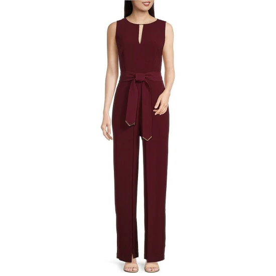 New 🤩 Alex Marie Lucia Stretch Crepe Tie Waist Crew Keyhole Neck Sleeveless Belted Jumpsuit Burgundy 🌟 1 New 🤩 Alex Marie Lucia Stretch Crepe Tie Waist Crew Keyhole Neck Sleeveless Belted Jumpsuit Burgundy 🌟