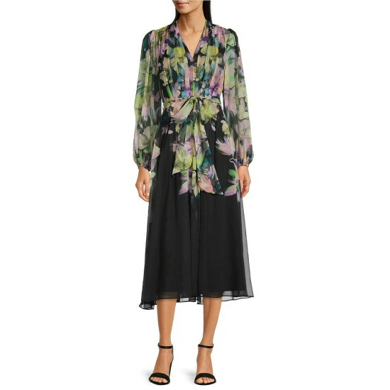 Flash Sale 😀 Alex Marie Serena Chiffon Floral Print Pleated V-Neck Long Sleeve A-Line Midi 👗 Dress Green Floral Multi 🔔 1 Flash Sale 😀 Alex Marie Serena Chiffon Floral Print Pleated V-Neck Long Sleeve A-Line Midi 👗 Dress Green Floral Multi 🔔