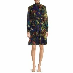 Cheapest 🥰 Alex Marie Petite Size Floral Print Rosalia Long Split Sleeve V-Neck 👗 Dress Navy Multi 🎉
