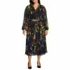 Best Sale 🎁 Alex Marie Plus Size Hayden Floral Print V-Neck Long Blouson Sleeve Pleated Tie Waist Midi 👗 Dress Navy Multi 🌟