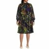 Discount 🧨 Alex Marie Plus Size Rosalia Long Split Sleeve Smocked Mock Neck Floral Print Tie Waist 👗 Dress Navy Multi ✔️