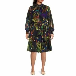 Discount ๐งจ Alex Marie Plus Size Rosalia Long Split Sleeve Smocked Mock Neck Floral Print Tie Waist ๐ Dress Navy Multi โ๏ธ