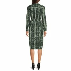 Best Sale 🧨 Alex Marie Kaley Snake Print Button Front Point Collar Long Sleeve Drawstring Waist 👕 Shirt 👗 Dress Green Snake 🔔 -Alex Marie Shop unnamed file 1097
