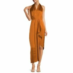 Best Pirce 🥰 Alex Marie Hazel Surplice V-Neck Sleeveless Draped Asymmetrical Hem Satin Maxi 👗 Dress Honey ❤️