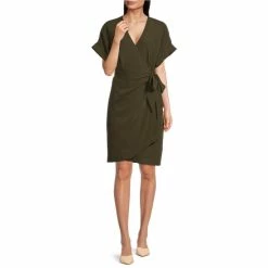 Buy 🧨 Alex Marie Marla Surplice V-Neck Short Sleeve Tie Waist Wrap 👗 Dress Yellow 🎁