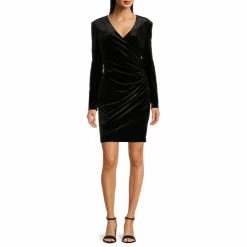 Flash Sale ✨ Alex Marie Nikki Stretch Velvet Surplice V-Neck Long Sleeve Ruched 👗 Dress Mahogany 🔔