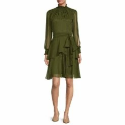 Budget 🔥 Alex Marie Petite Size Rosalia Long Split Sleeve V-Neck 👗 Dress Olive 🤩