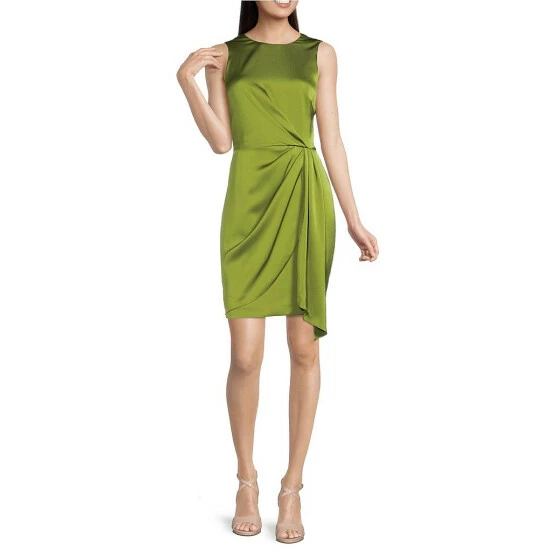 Hot Sale 🔔 Alex Marie Naidine Draped Satin Round Neck Sleeveless Side Ruched Sheath 👗 Dress Olive 🎉 1 Hot Sale 🔔 Alex Marie Naidine Draped Satin Round Neck Sleeveless Side Ruched Sheath 👗 Dress Olive 🎉