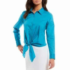 Flash Sale ๐ Alex Marie Niah Stretch Poplin Button Down Tie Point Collar Neck Long Sleeve Blouse Ocean Blue ๐ฅฐ