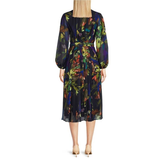Best Pirce ⌛ Alex Marie Petite Size Hayden Split Long Sleeve V-Neck Belted Floral Print Midi 👗 Dress Navy Multi 🎉 2 Best Pirce ⌛ Alex Marie Petite Size Hayden Split Long Sleeve V-Neck Belted Floral Print Midi 👗 Dress Navy Multi 🎉 - Image 2