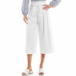 Buy ๐งจ Alex Marie Mya Tie Waist Cotton Sateen Pleated High Rise Wide Leg Capri Pants White โ๏ธ