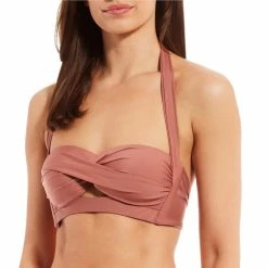 Hot Sale 💯 Alex Marie Solid Cutout Twist Halter Swim Top Rouge 🛒