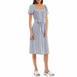 Coupon ⌛ Alex Marie Logan Stripe Square Neck Short Sleeve Tie Waist Midi 👗 Dress Blue/white ⌛