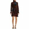 Cheap ✔️ Alex Marie Dakota Burnout Velvet High Neck Long Sleeve Tiered 👗 Dress Red Multi ✔️