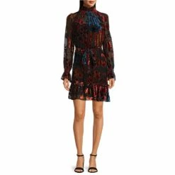 Cheap ✔️ Alex Marie Dakota Burnout Velvet High Neck Long Sleeve Tiered 👗 Dress Red Multi ✔️