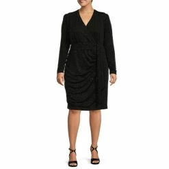 Outlet 🛒 Alex Marie Plus Size Chrissy Surplice V-Neck Long Sleeve Metallic Knit Faux Wrap 👗 Dress Black 🌟