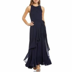 Cheap ⌛ Alex Marie Petite Size Colette Sleeveless Keyhole Neck Faux Wrap Maxi 👗 Dress Navy 🧨