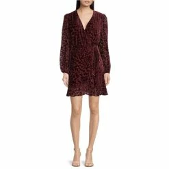 Wholesale ✔️ Alex Marie Maren Velvet Animal Print Burnout Surplice V-Neck Long Sleeve Wrap 👗 Dress Burgundy 👍