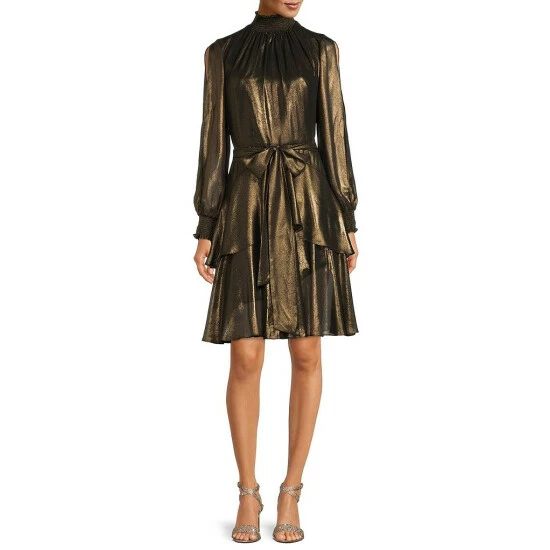 New ❤️ Alex Marie Rosalia Foiled Chiffon Mock Neck Self-Tie Belted Tiered 👗 Dress Black/gold 🎁 1 New ❤️ Alex Marie Rosalia Foiled Chiffon Mock Neck Self-Tie Belted Tiered 👗 Dress Black/gold 🎁