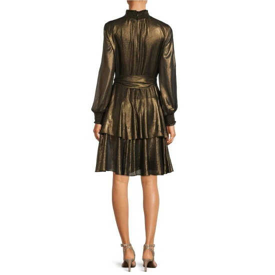 New ❤️ Alex Marie Rosalia Foiled Chiffon Mock Neck Self-Tie Belted Tiered 👗 Dress Black/gold 🎁 2 New ❤️ Alex Marie Rosalia Foiled Chiffon Mock Neck Self-Tie Belted Tiered 👗 Dress Black/gold 🎁 - Image 2