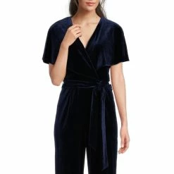 Wholesale 💯 Alex Marie Beth V-Neck Short Sleeve Stretch Velvet Tie Waist Jumpsuit Navy 👏 -Alex Marie Shop unnamed file 49