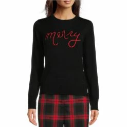 Best Sale 😍 Alex Marie Merry Embroidered Script Crew Neck Long Sleeve Festive Sweater Black ⭐