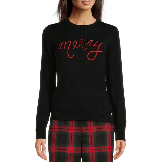 Best Sale 😍 Alex Marie Merry Embroidered Script Crew Neck Long Sleeve Festive Sweater Black ⭐ 1 Best Sale 😍 Alex Marie Merry Embroidered Script Crew Neck Long Sleeve Festive Sweater Black ⭐