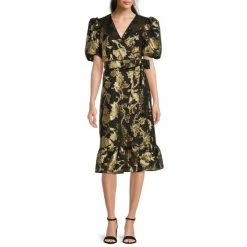 Discount 🔥 Alex Marie Renoir V-Neck Long Sleeve Tiered Ruffle Hem Midi 👗 Dress Black/gold 🛒