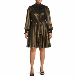 Best Sale ✨ Alex Marie Plus Size Rosalia Foiled Chiffon Mock Neck 👗 Dress Black/gold ❤️