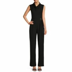 New ✨ Alex Marie Petite Size Zoey Stretch Crepe Cowl Neck Belted Sleeveless Jumpsuit Black 💯