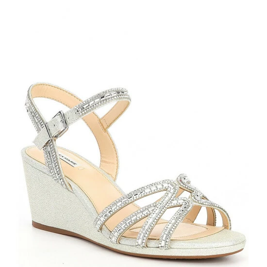 Brand new 🤩 Alex Marie Makira Rhinestone Embellished Strappy Wedge 🩴 Sandals Silver ✨ 1 Brand new 🤩 Alex Marie Makira Rhinestone Embellished Strappy Wedge 🩴 Sandals Silver ✨