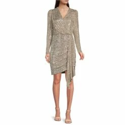 Outlet 🤩 Alex Marie Petite Size Milly Sequin Surplice V-Neck Long Sleeve Gathered Waist 👗 Dress Silver 🎉