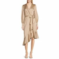 Cheapest 👍 Alex Marie Lilac Satin V-Neck Long Sleeve Wrap Ruffle 👗 Dress Champagne ⭐