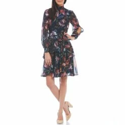 Promo ⌛ Alex Marie Floral Print Rosalia Split Long Sleeve Turtleneck Layered Hem 👗 Dress Navy ✨