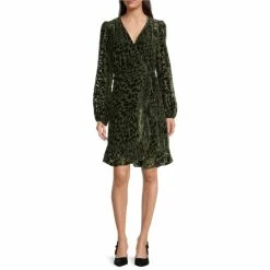 New 👏 Alex Marie Petite Size Maren Velvet Burnout Animal Print Long Sleeve Surplice V-Neck Ruffle Hem Wrap 👗 Dress Moss ✔️