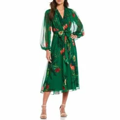 Best deal 🎉 Alex Marie Hayden V-Neck Long Sleeve Pleated Palm Floral Print 👗 Dress Palm Multi 😉
