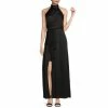 Discount ❤️ Alex Marie Lexi Halter Mock Neck Sleeveless Draped Thigh High Slit Crepe Gown Black 🛒