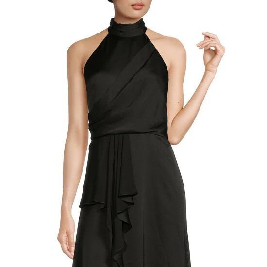 Discount ❤️ Alex Marie Lexi Halter Mock Neck Sleeveless Draped Thigh High Slit Crepe Gown Black 🛒 3 Discount ❤️ Alex Marie Lexi Halter Mock Neck Sleeveless Draped Thigh High Slit Crepe Gown Black 🛒 - Image 3