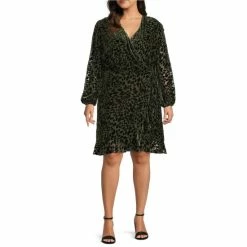 Wholesale ✨ Alex Marie Plus Size Maren Animal Print Velvet Burnout Surplice V-Neck Long Sleeve Wrap 👗 Dress Moss 😍