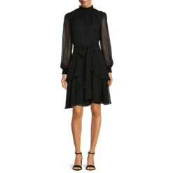 Promo 👏 Alex Marie Rosalia Long Split Sleeve Smocked Mock Neck Tie Waist Layered A-Line 👗 Dress Black 😍