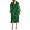 Budget 😉 Alex Marie Plus Size Hayden Floral Print V-Neck Long Blouson Sleeve Pleated Tie Waist Palm Midi 👗 Dress Palm Multi 👍