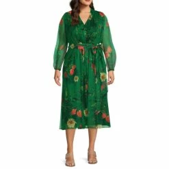 Budget 😉 Alex Marie Plus Size Hayden Floral Print V-Neck Long Blouson Sleeve Pleated Tie Waist Palm Midi 👗 Dress Palm Multi 👍