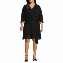 Cheapest ✔️ Alex Marie Plus Size Carissa Chiffon Surplice V-Neck 3/4 Sleeve Belted 👗 Dress Black ✔️