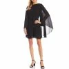Flash Sale ⌛ Alex Marie Petite Size Jordan Round Neck Long Cape Sleeve A-Line Chiffon 👗 Dress Black 🥰